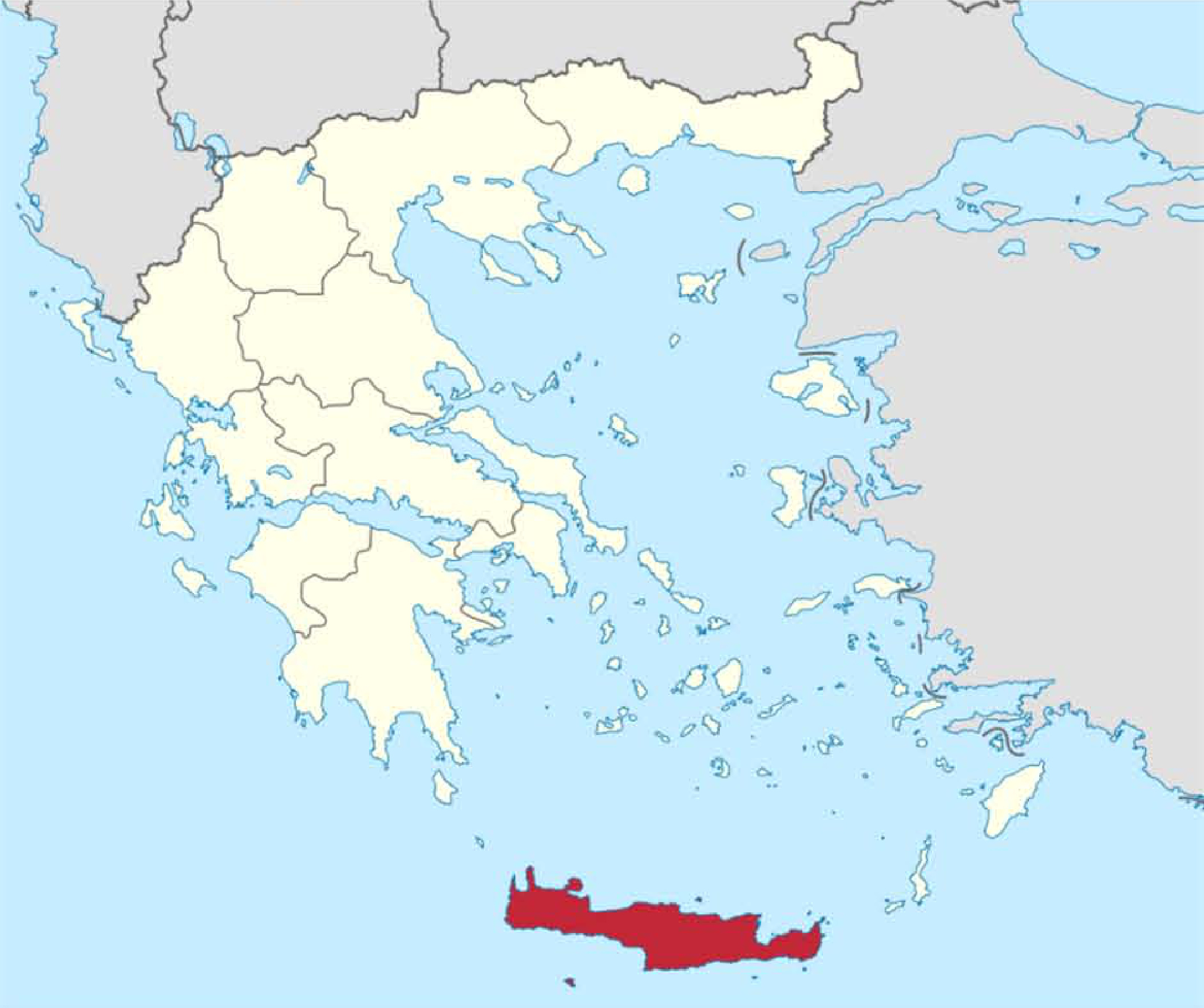 克里特岛（图中红色部分）在爱琴海中的位置